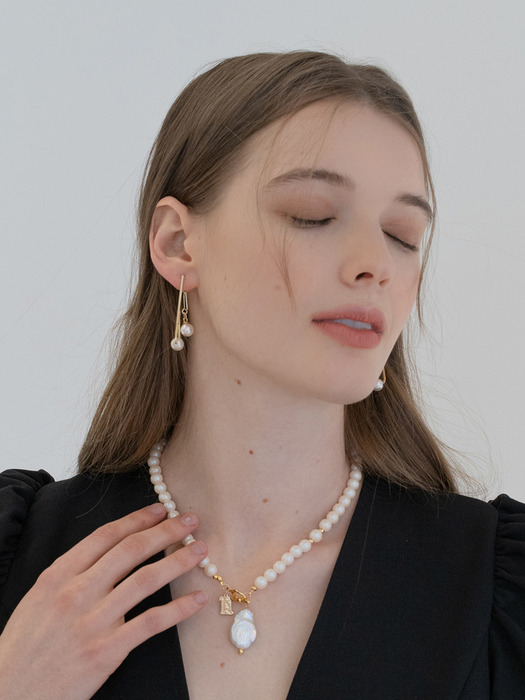[SET]Ivory pearl choker necklace+Fondue pearl earrings