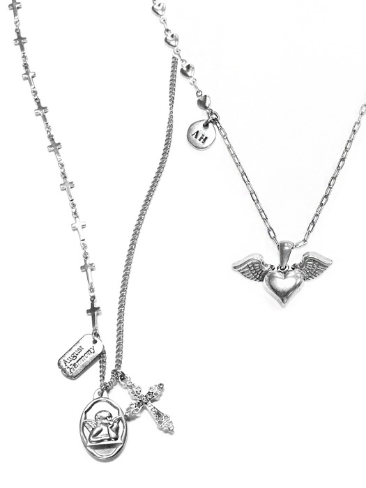 angel necklace (Silver/surgical steel)+Flying heart necklace (Silver)