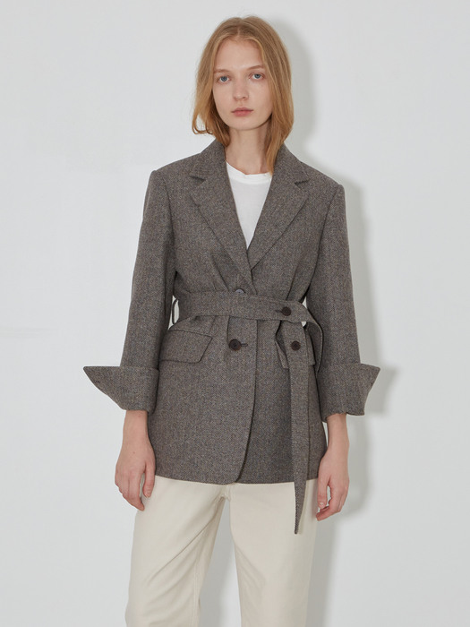 Button Detailed Herringbone Wool Jacket