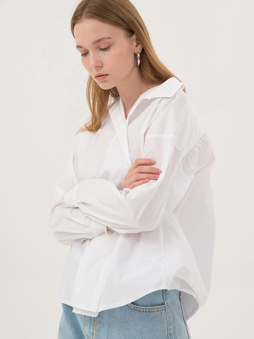 Cotton Shirring Wrap Shirt - White