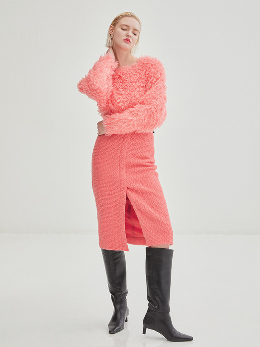 Stitched Wool Tweed Midi Skirt - Pink