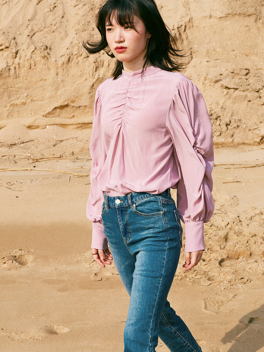 SHIRRING SLEEVE SOLID BLOUSE_PINK