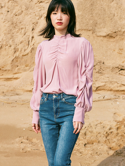 SHIRRING SLEEVE SOLID BLOUSE_PINK