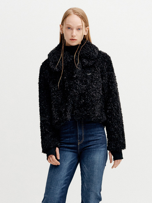 DETACHABLE COLLAR FUR SHORT JACKET - BLACK