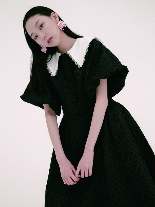 ‘V’ embroderied lace collar with black jacquard maxi dress
