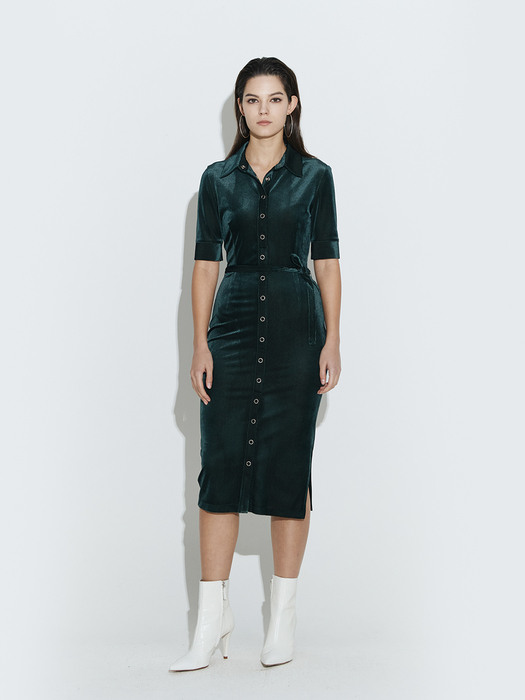 Front open velvet dress [Green]