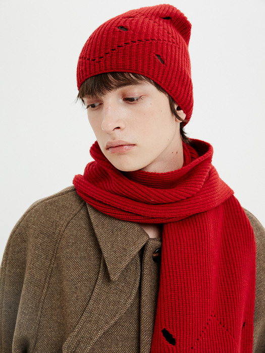 Argyle Hole Knit Beanie / Holiday Red