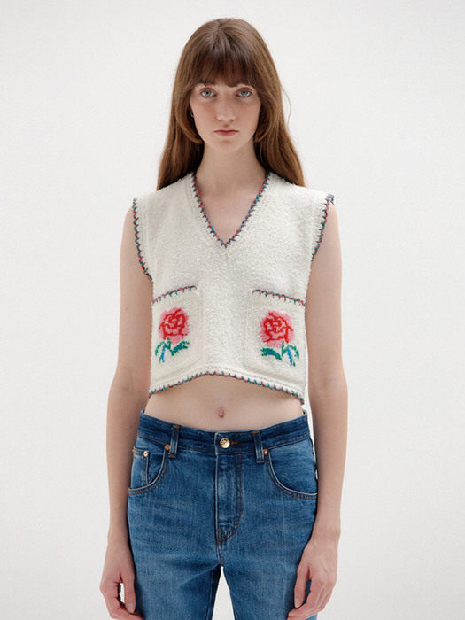 SITA Floral-Jacquard Short Knit Vest - Ivory