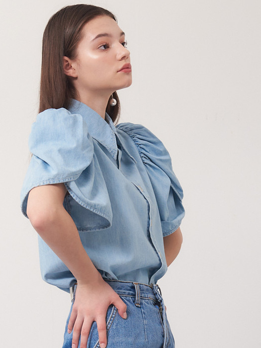 planet-116 Tulip sleeve denim blouse_light blue