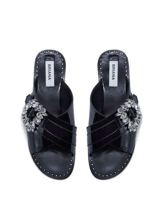 Crystal Stud Slippers_Black Patent