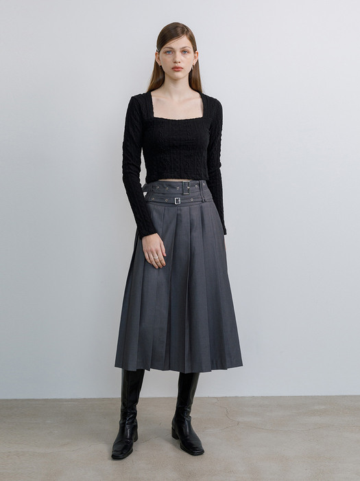double belted pleats long skirt (gray)