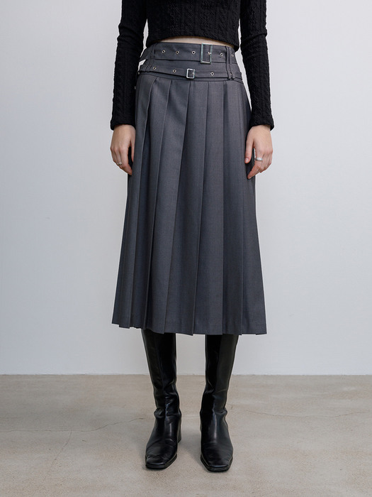 double belted pleats long skirt (gray)