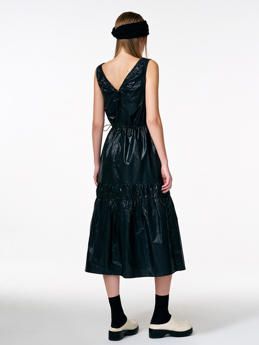Coating Shirring Sleeveless Dress, Black