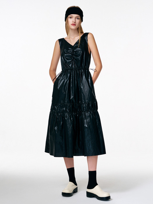 Coating Shirring Sleeveless Dress, Black