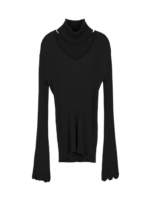 [22FW] Bell Sleeves V-neck Pollar Knit Top - Black