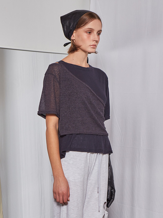 Linen Two-piece Layered T-shirt (Charcoal)