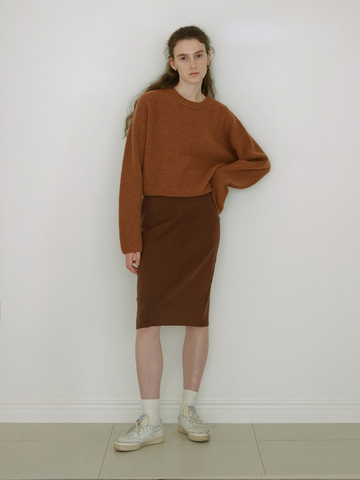 Merino wool H-line mid knit skirt (BROWN)