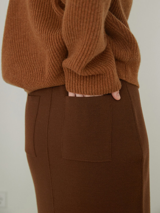 Merino wool H-line mid knit skirt (BROWN)