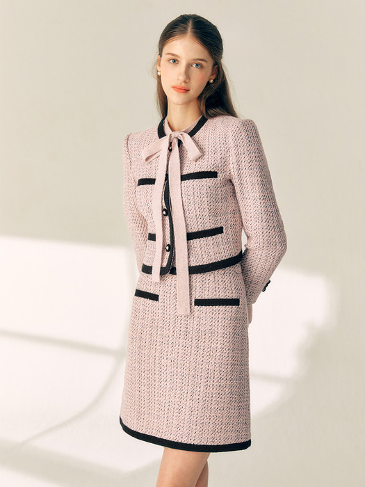 [SET]MAMIE Combination wool short jacket + BIANA Combination A-line wool skirt (Pink&Black)