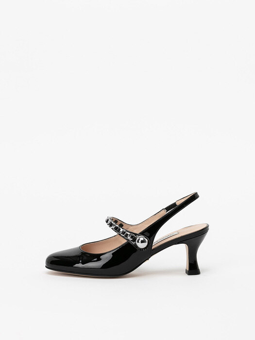 Aria Chained Slingback Pumps in Black Patent