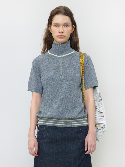 [Women] Two Pocket String Half Zip-Up Knit Top (Melange Grey)
