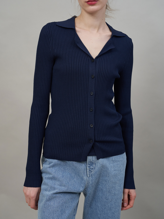 Ribbed Collar Cardigan Punching Knit Top Set (2color)