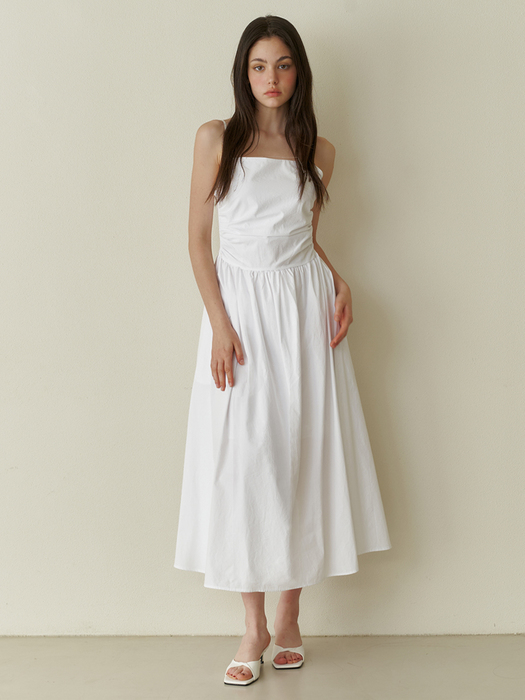 Pure semi shirring long dress - white