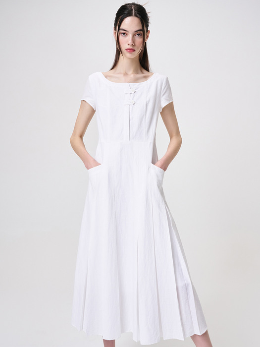 Linen Pleats Dress, White