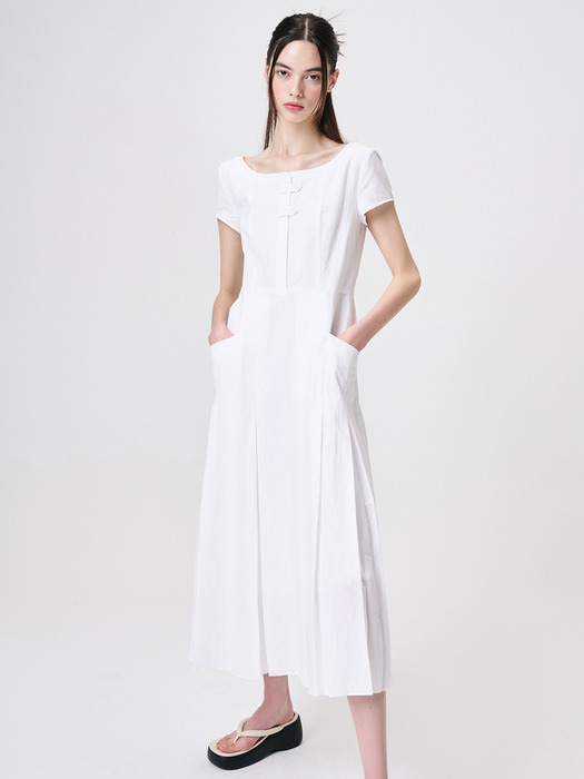 Linen Pleats Dress, White