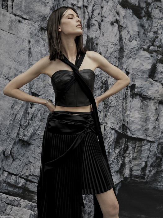 YVES Unbalance Silk Twisted Pleated Skirt_Black
