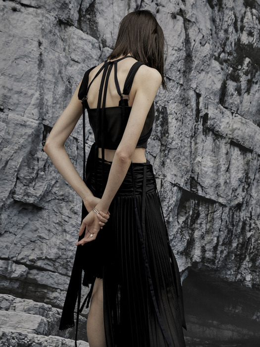 YVES Unbalance Silk Twisted Pleated Skirt_Black