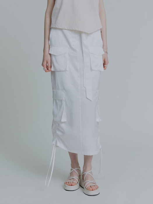LILY Side String Belted Satin Cargo Long Skirt_White