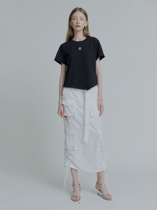 LILY Side String Belted Satin Cargo Long Skirt_White