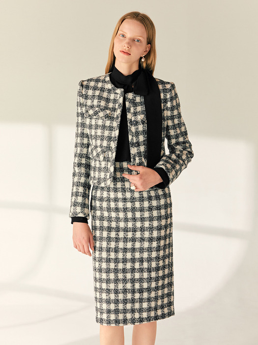 [SET]FABIANA Round neck check tweed jacket + JESSIE H-line check tweed midi skirt (Gray&Ivory)