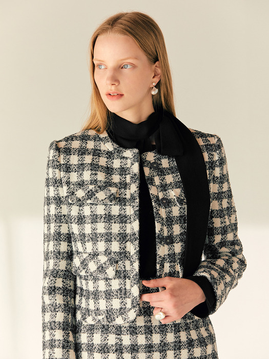 [SET]FABIANA Round neck check tweed jacket + JESSIE H-line check tweed midi skirt (Gray&Ivory)