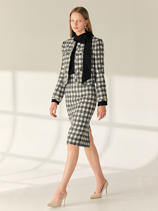 [SET]FABIANA Round neck check tweed jacket + JESSIE H-line check tweed midi skirt (Gray&Ivory)