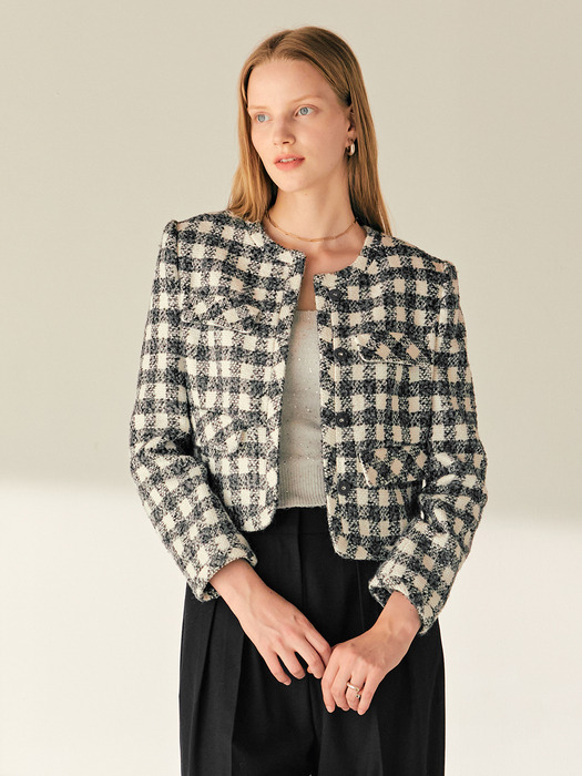 [SET]FABIANA Round neck check tweed jacket + JESSIE H-line check tweed midi skirt (Gray&Ivory)