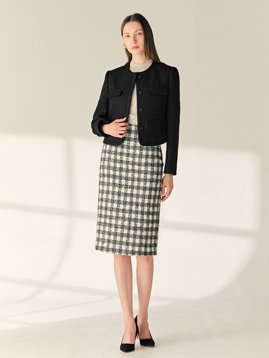 [SET]FABIANA Round neck check tweed jacket + JESSIE H-line check tweed midi skirt (Gray&Ivory)