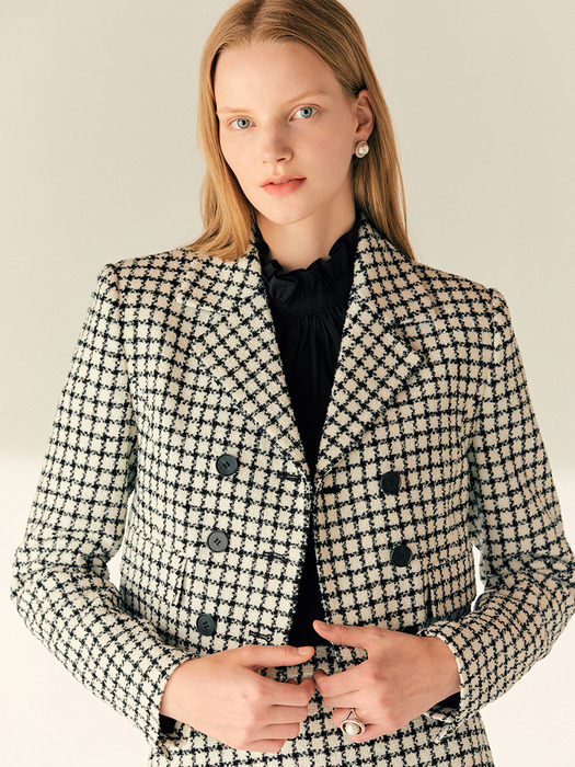 JANICE Notched collar double breasted tweed cropped jacket (White)