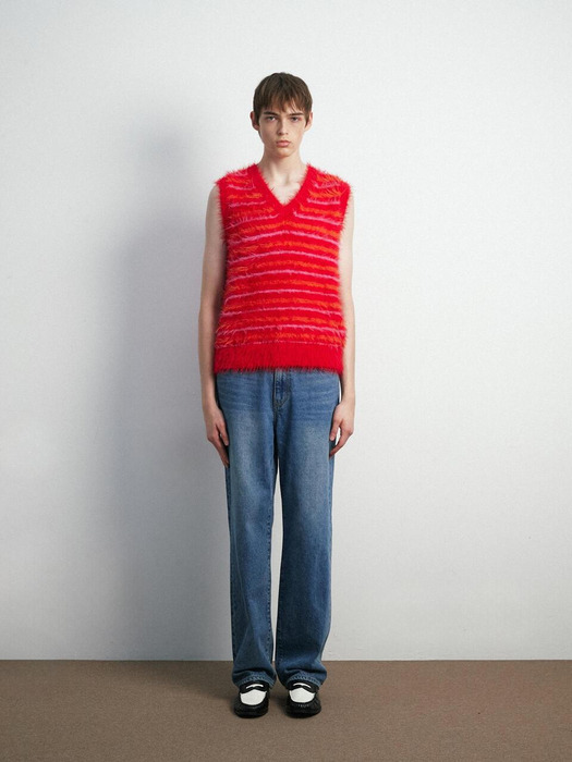 UNISEX, Danke Hairy Stripe Knit Vest / Poping Red