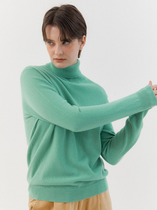 Super Fine Wool Wholegarment Turtle-neck Knit top (Green)