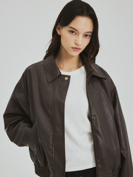 [단독] W/Vegan Leather Blouson Jacket-Brown