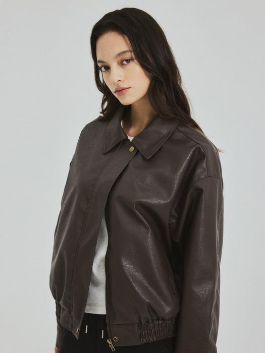 [단독] W/Vegan Leather Blouson Jacket-Brown