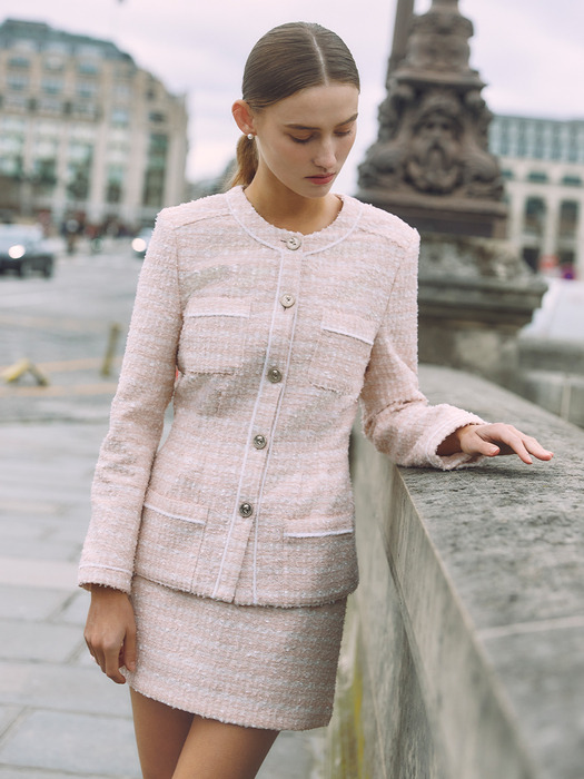 [SET]CAMERON Tuck detailed round neck tweed jacket + ELSA Semi A-line tweed mini skirt (Pale coral pink)