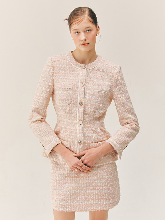 [SET]CAMERON Tuck detailed round neck tweed jacket + ELSA Semi A-line tweed mini skirt (Pale coral pink)