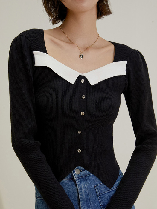 LS_White point square collar knit top