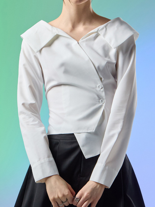 WOMEN 미디 크롭 랩 오프숄더 슬림 긴팔 셔츠 [WHITE] 긴팔티 ver.