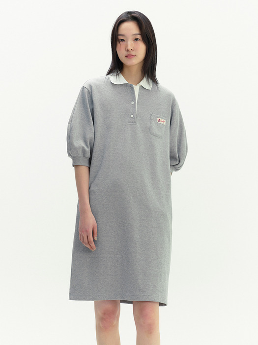 엘우드 빈티지 라벨 볼륨 소매 카라 원피스 (Beige/Melange gray)