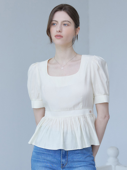 Semi square neck frill puff blouse - cream