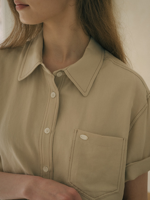 Stitch pocket half sleeve shirt_Beige